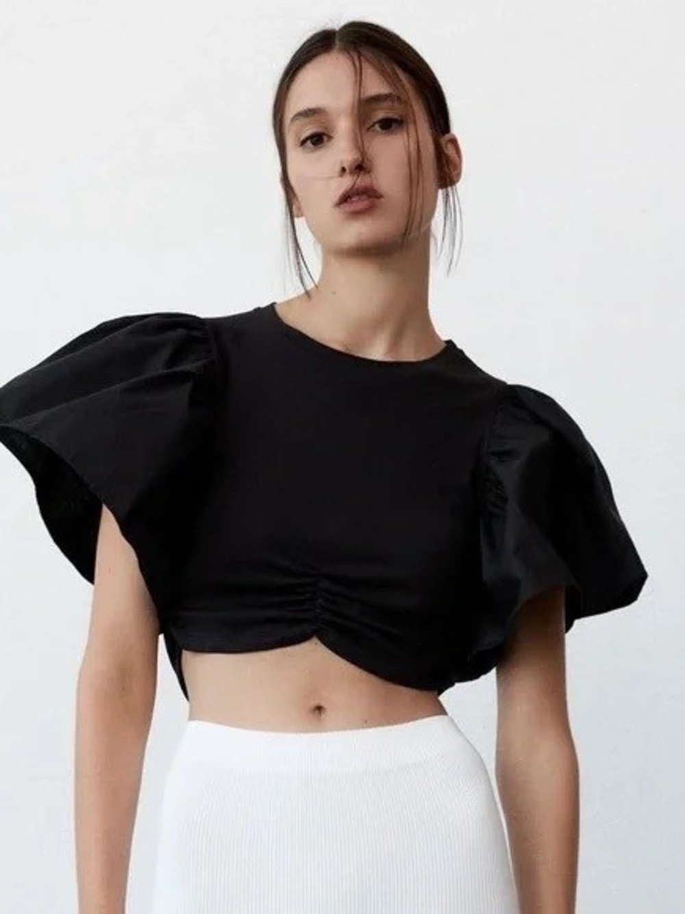 Zara Black Puff-Sleeve Cropped Top